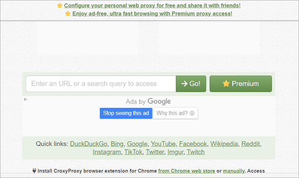 Homepage of Croxy Proxy with the search bar visible.