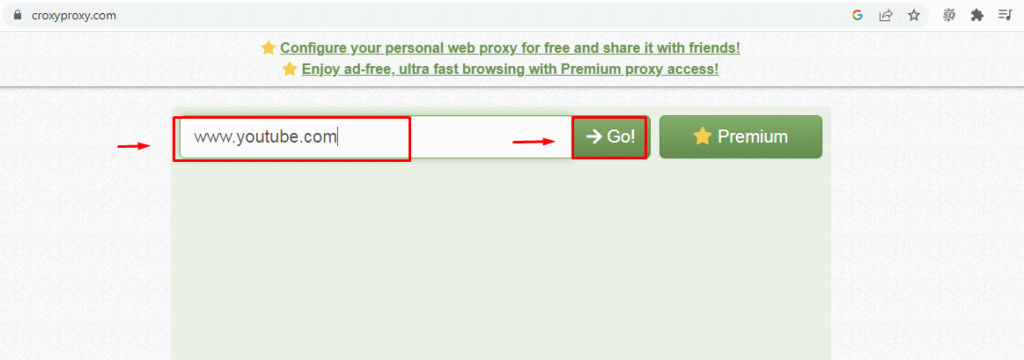 The URL “youtube.com” typed into Croxy Proxy’s search field.